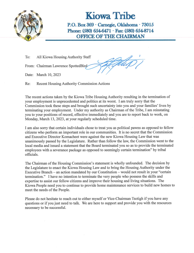 PLEASE READ HOUSING MEMO FROM CHAIRMAN SPOTTEDBIRD Kiowa Tribe